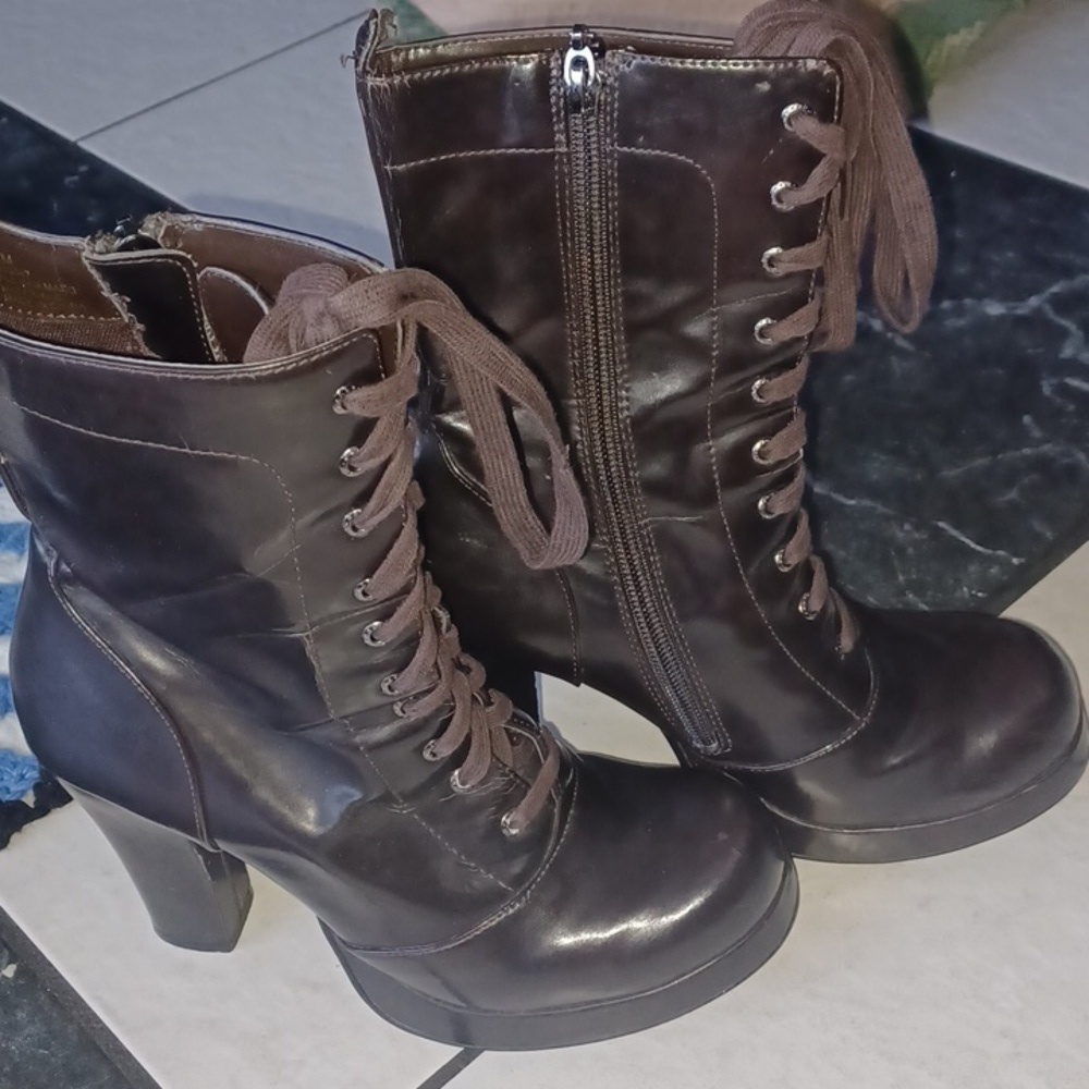 Vintage 90s Heeled Brown Faux Leather Boots, side zip & lace up, 3" heel